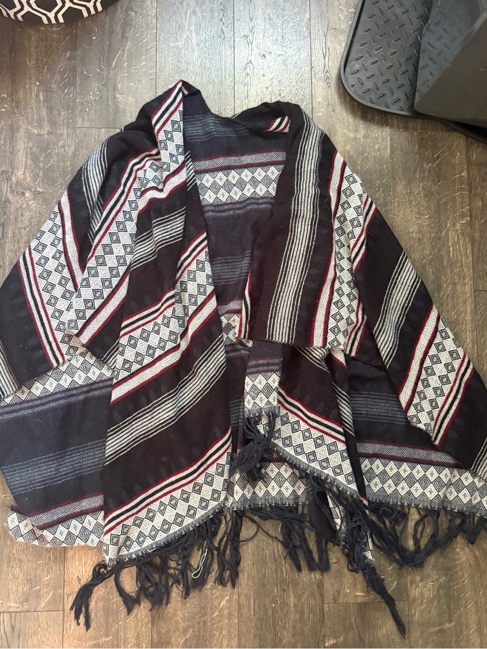 Woven Fringe Open Front Poncho Jacket - Black & Burgundy Stripe